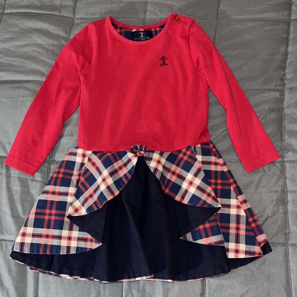 JESSIE AND JAMES LONDON RED BLUE CREAM PLAID LONG SLEEVE RUFFLED DRESS Size 3YR